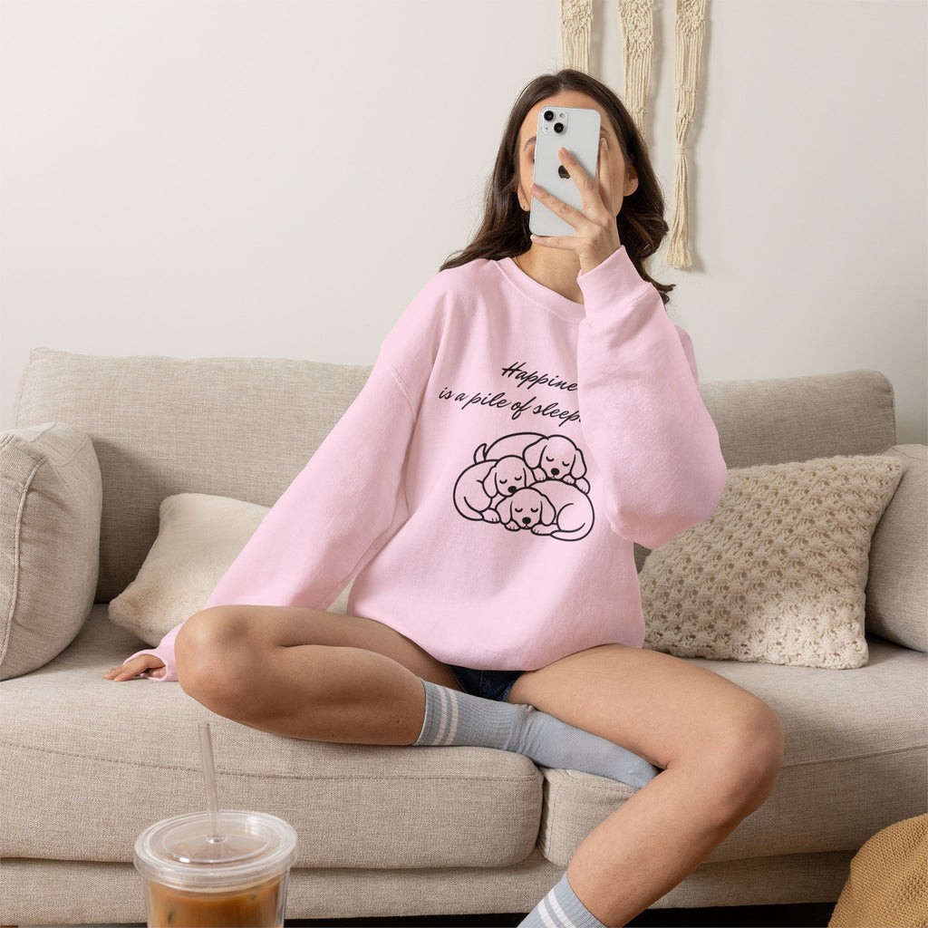 “Happiness Is a Pile of Sleeping Pups” Puppy Crewneck