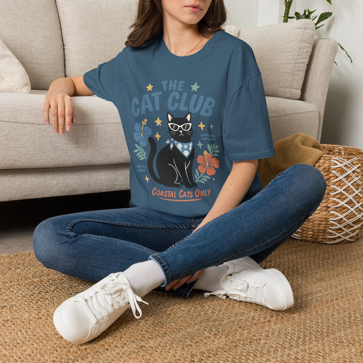The Cat Club T-Shirt – Coastal Black Cat Floral