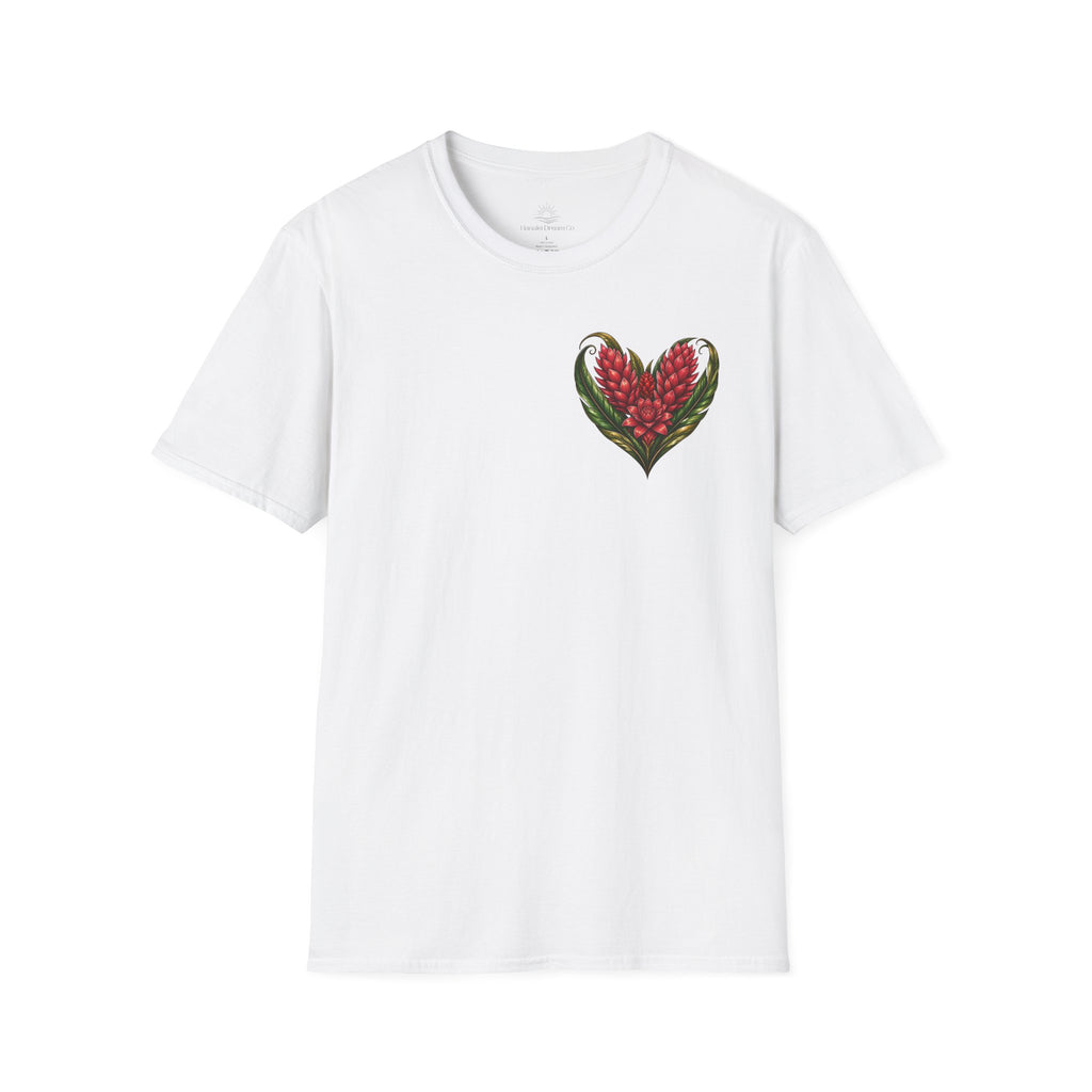 Red Ginger Floral Heart T-Shirt | Tropical Botanical Chest & Back