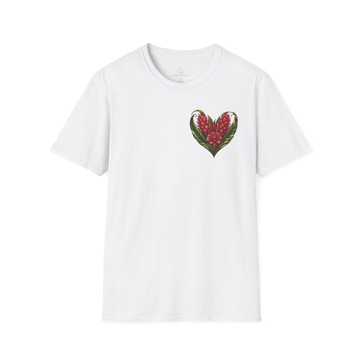 Red Ginger Floral Heart T-Shirt | Tropical Botanical Chest & Back