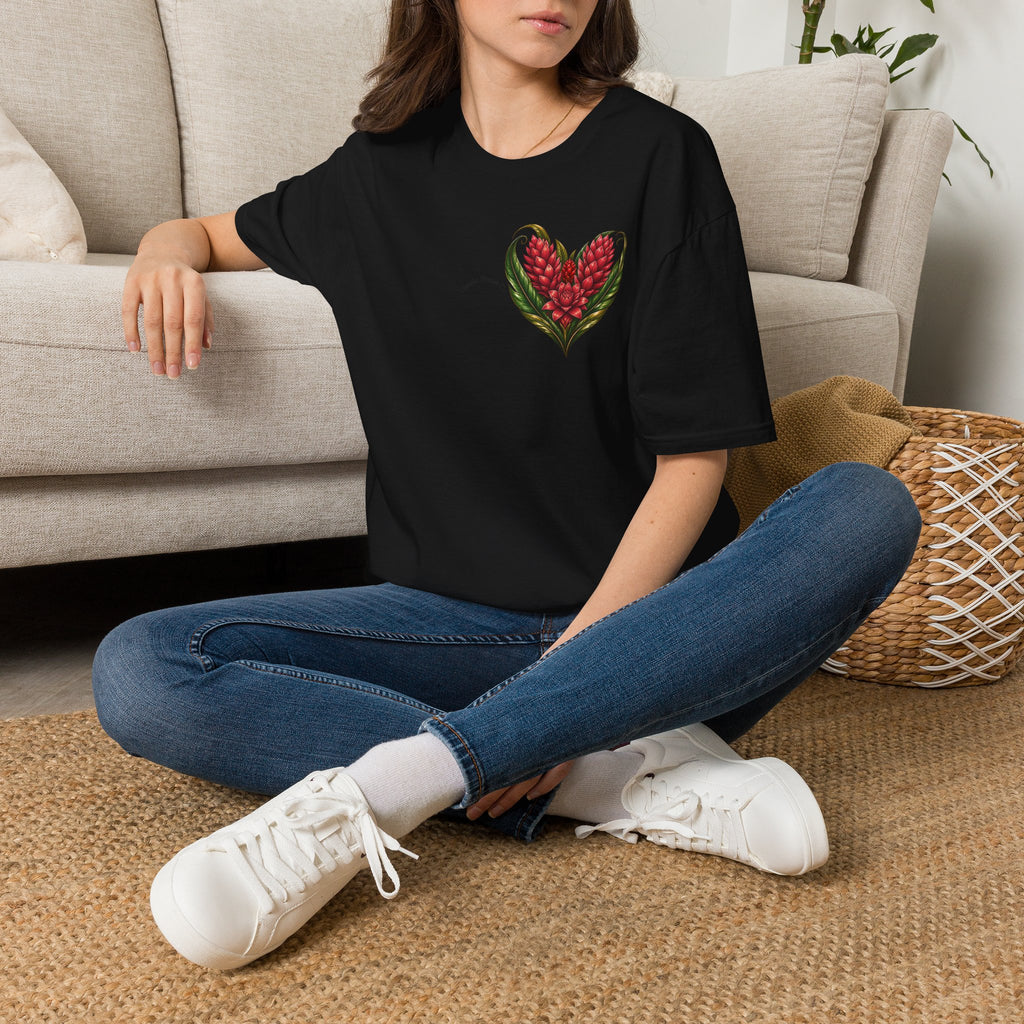 Red Ginger Floral Heart T-Shirt | Tropical Botanical Chest & Back