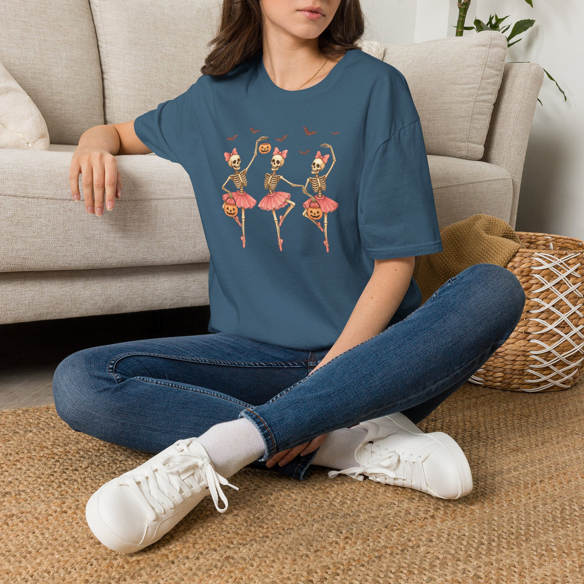 Skeleton Ballerina Trio T-Shirt – Halloween Bats & Pumpkin