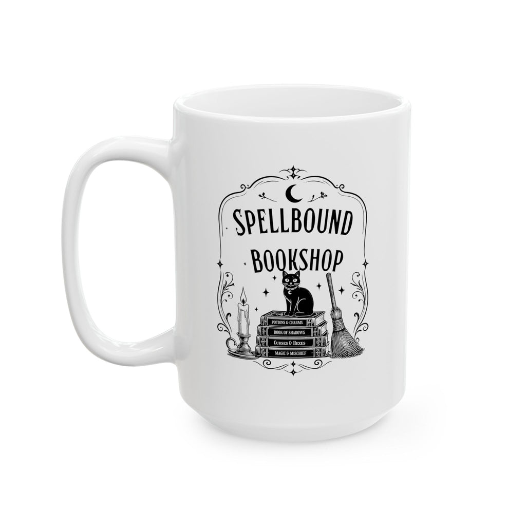 Spellbound Bookshop Mug — Witchy Cat & Stacked Books Coffee Cup