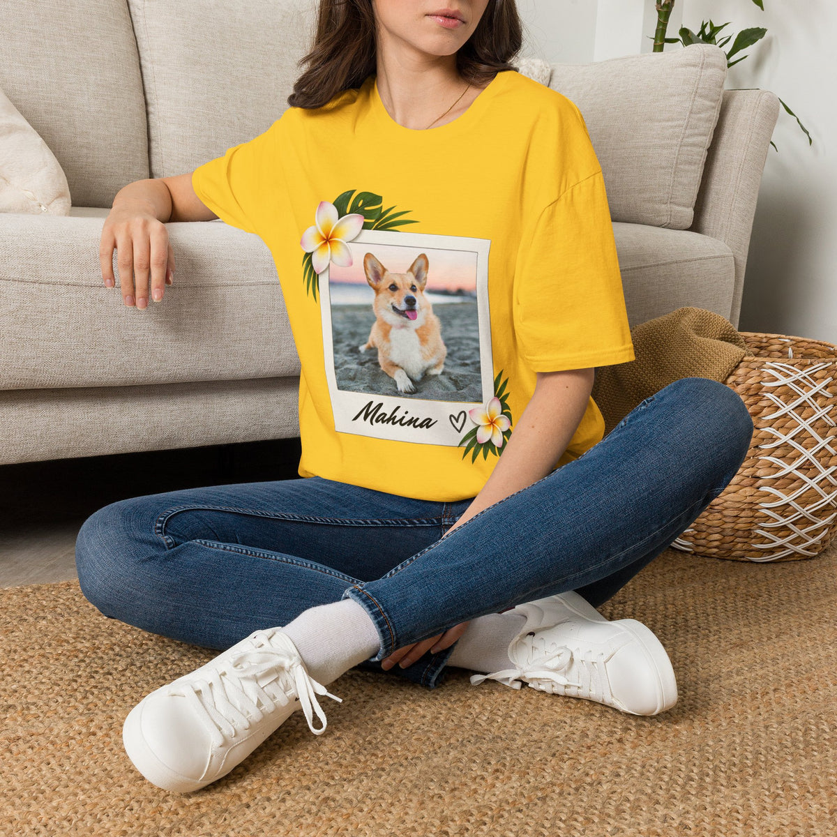 Personalized Pet Photo Polaroid Tee – Floral Frame, Custom Name