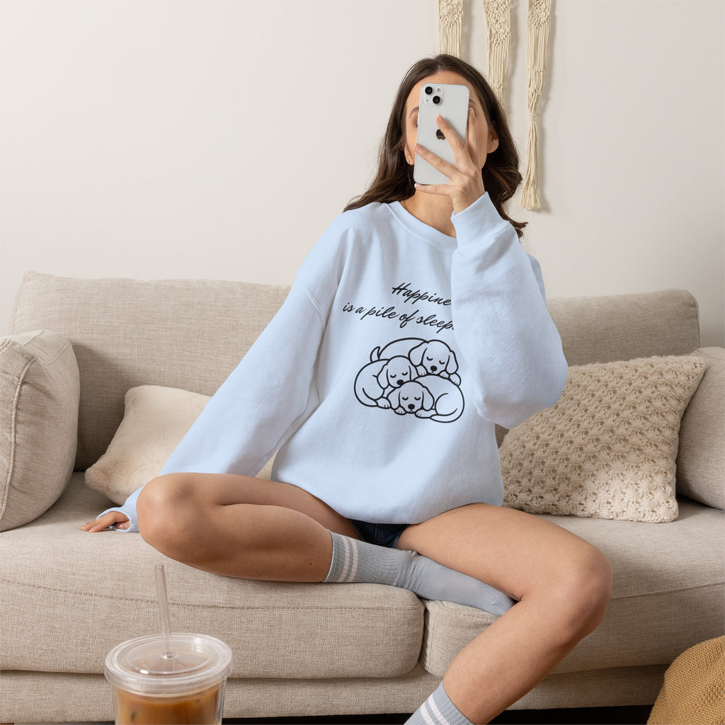 “Happiness Is a Pile of Sleeping Pups” Puppy Crewneck
