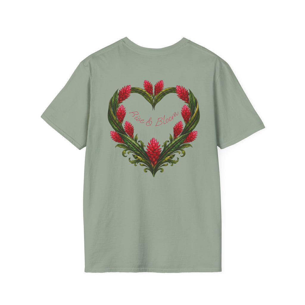Red Ginger Floral Heart T-Shirt | Tropical Botanical Chest & Back