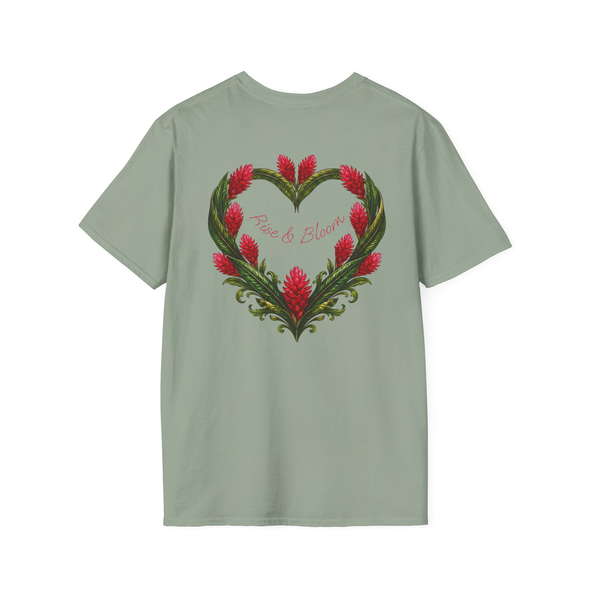 Red Ginger Floral Heart T-Shirt | Tropical Botanical Chest & Back