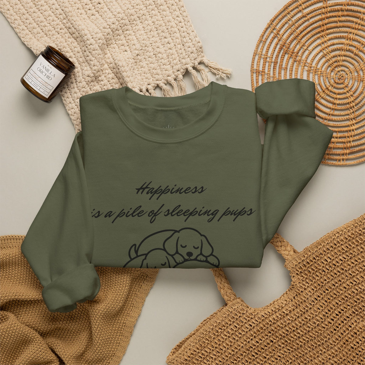 “Happiness Is a Pile of Sleeping Pups” Puppy Crewneck