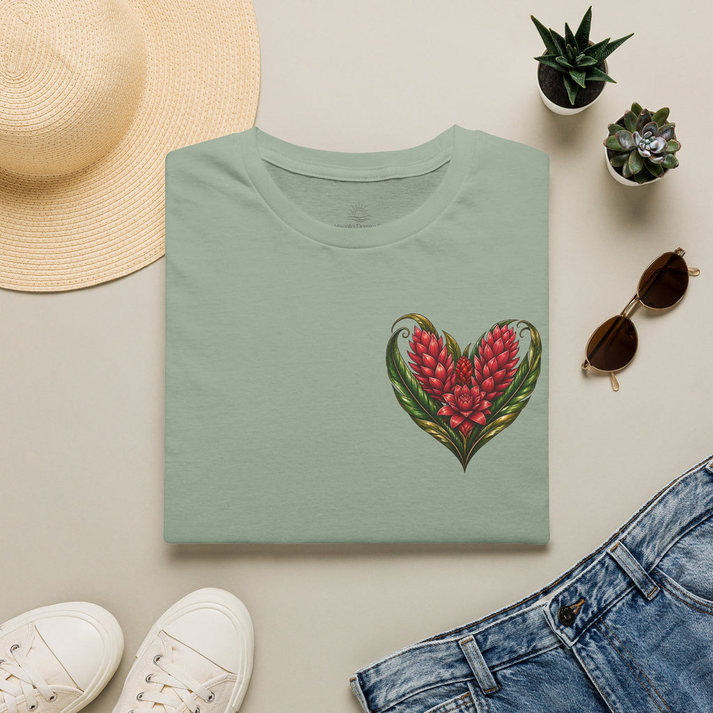 Red Ginger Floral Heart T-Shirt | Tropical Botanical Chest & Back