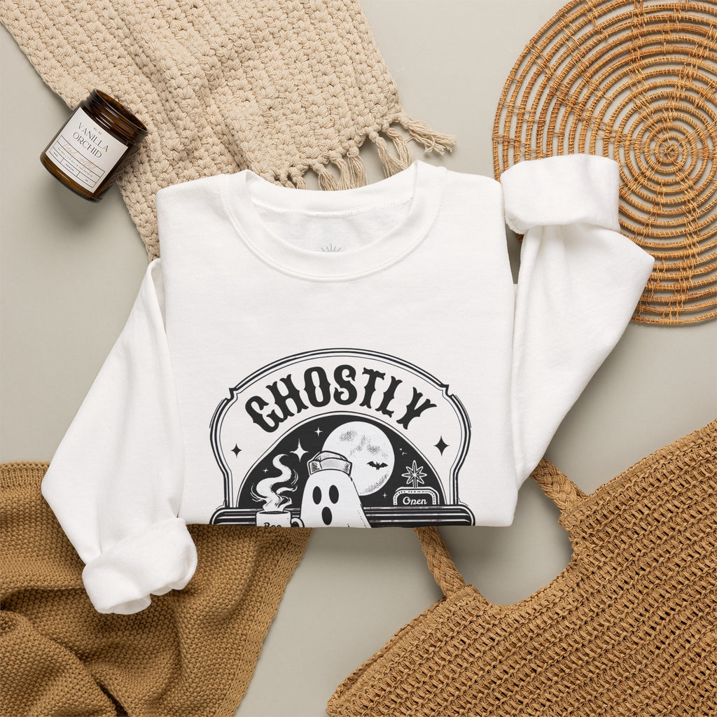 Ghostly Diner Sweatshirt — Vintage Halloween Ghost Café Crewneck