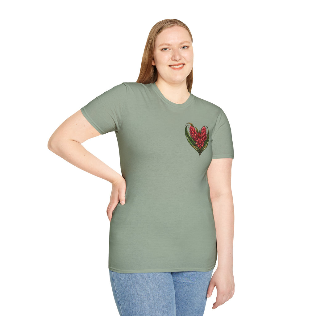 Red Ginger Floral Heart T-Shirt | Tropical Botanical Chest & Back