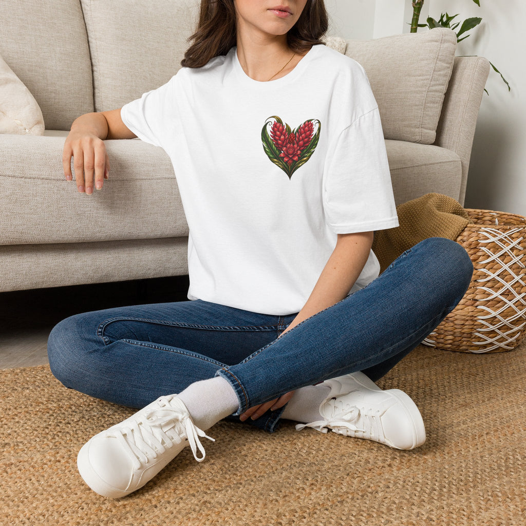 Red Ginger Floral Heart T-Shirt | Tropical Botanical Chest & Back