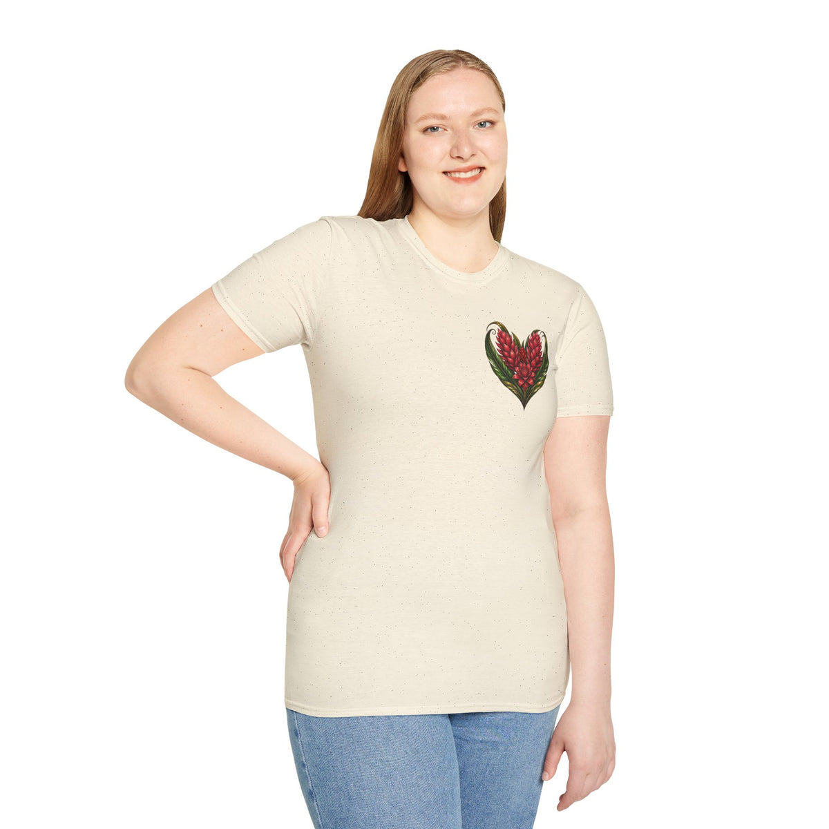 Red Ginger Floral Heart T-Shirt | Tropical Botanical Chest & Back