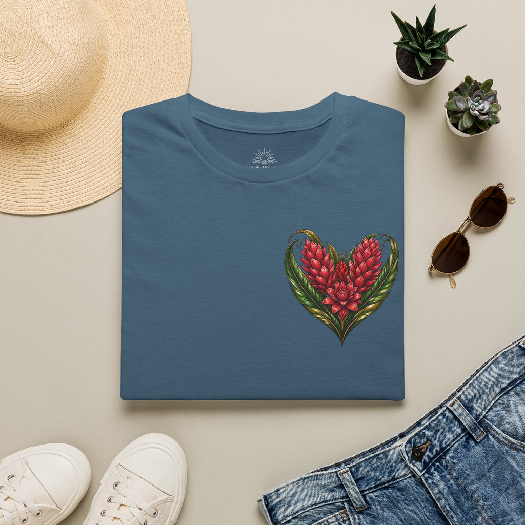 Red Ginger Floral Heart T-Shirt | Tropical Botanical Chest & Back