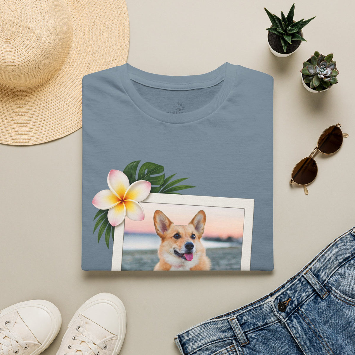 Personalized Pet Photo Polaroid Tee – Floral Frame, Custom Name