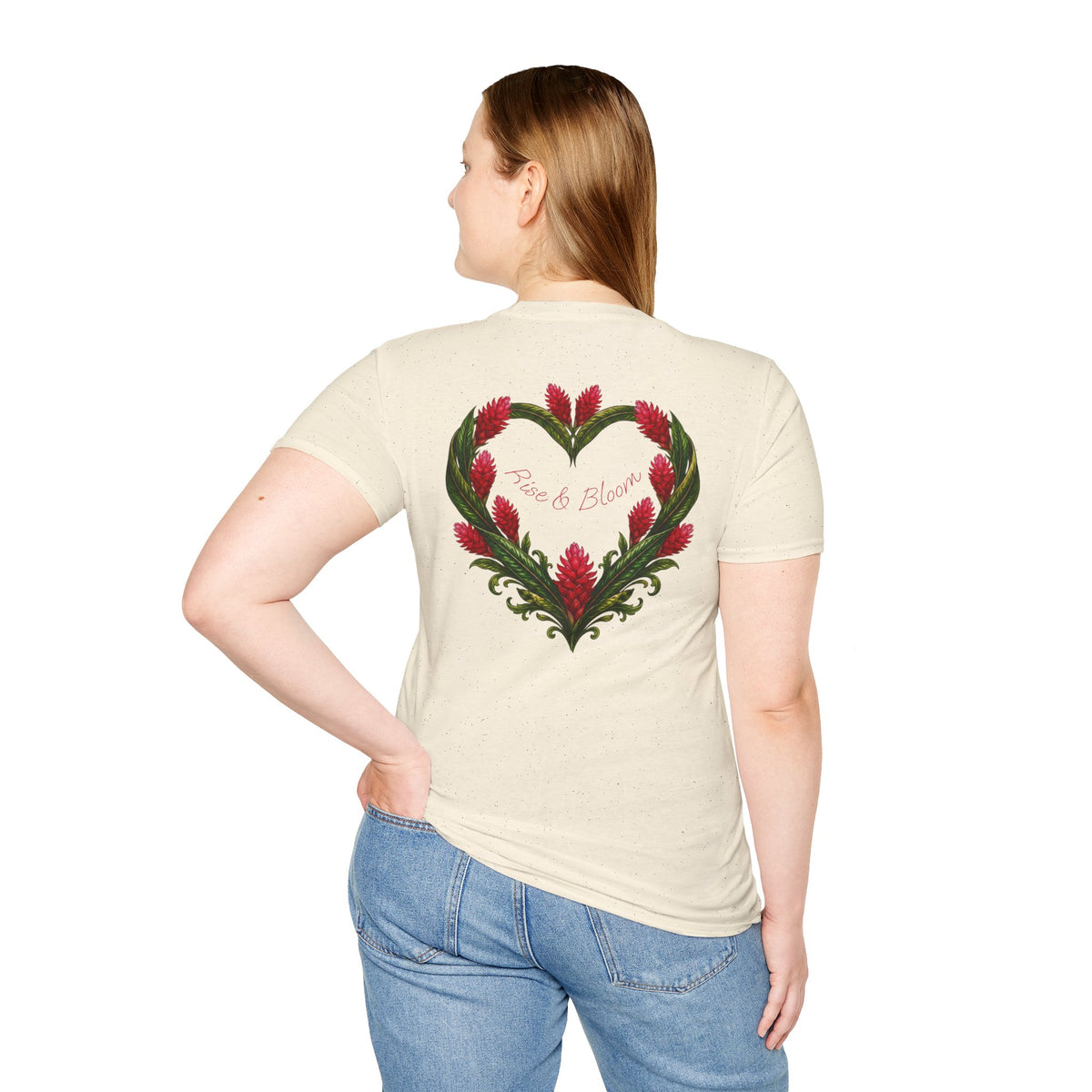 Red Ginger Floral Heart T-Shirt | Tropical Botanical Chest & Back