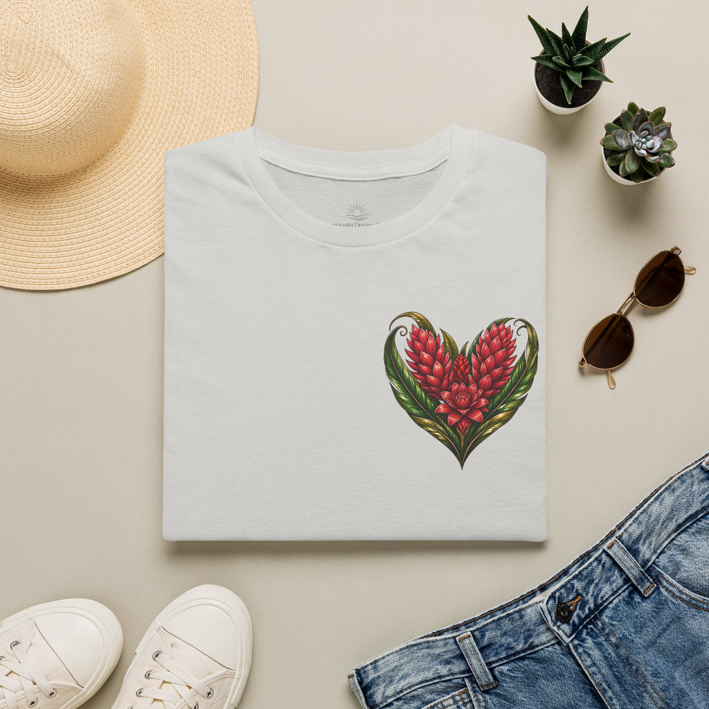 Red Ginger Floral Heart T-Shirt | Tropical Botanical Chest & Back