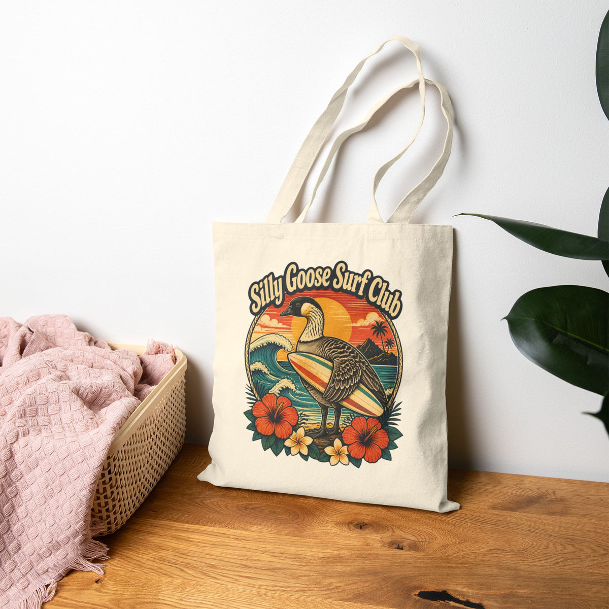 Silly Goose Surf Club Canvas Tote – Retro Hawaiian Nēnē