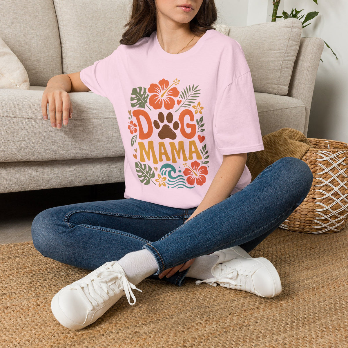 “DOG MAMA” Floral Paw Print Tropical Tee