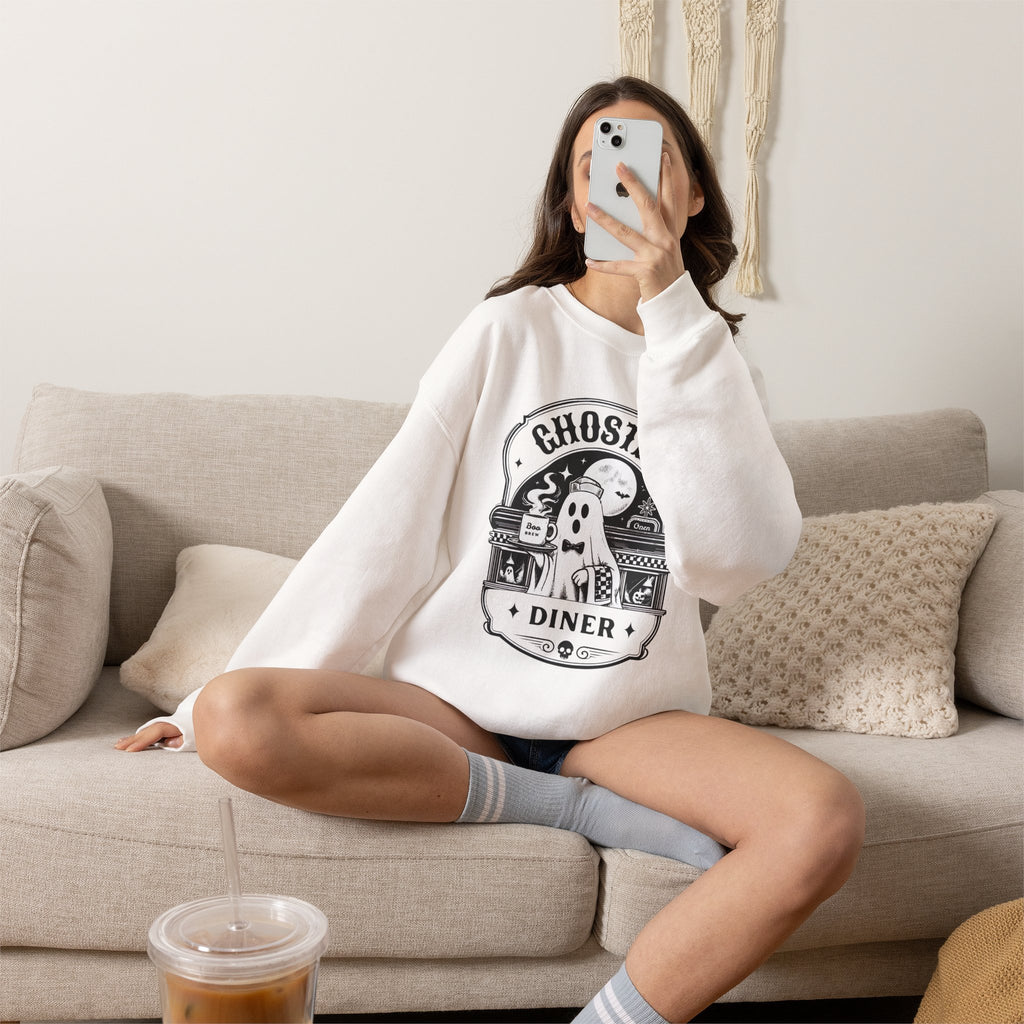 Ghostly Diner Sweatshirt — Vintage Halloween Ghost Café Crewneck