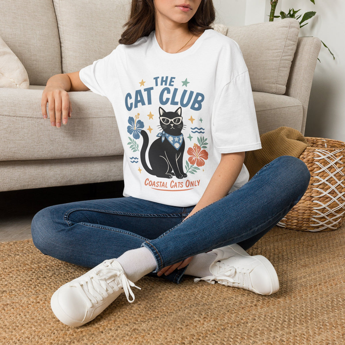 The Cat Club T-Shirt – Coastal Black Cat Floral