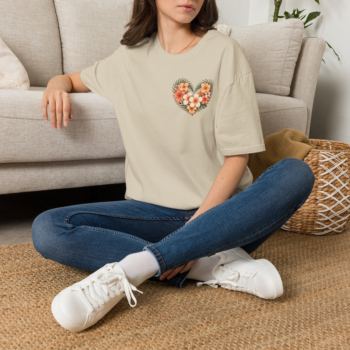 Tropical Plumeria Floral Heart T-Shirt