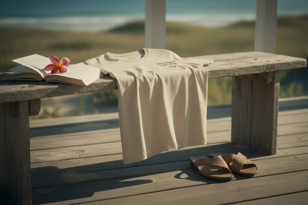 Aloha Spirit Every Day Tee on Beach Porch