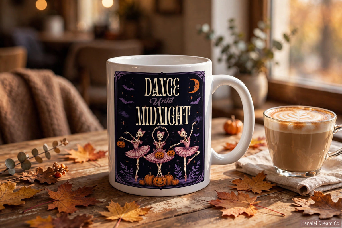 Dance Until Midnight Halloween Mug – Ballerina Skeletons