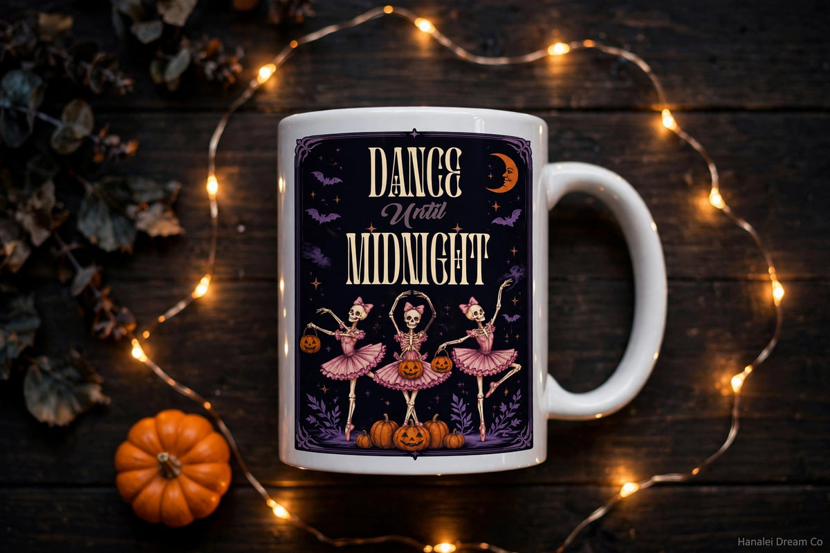 Dance Until Midnight Halloween Mug – Ballerina Skeletons