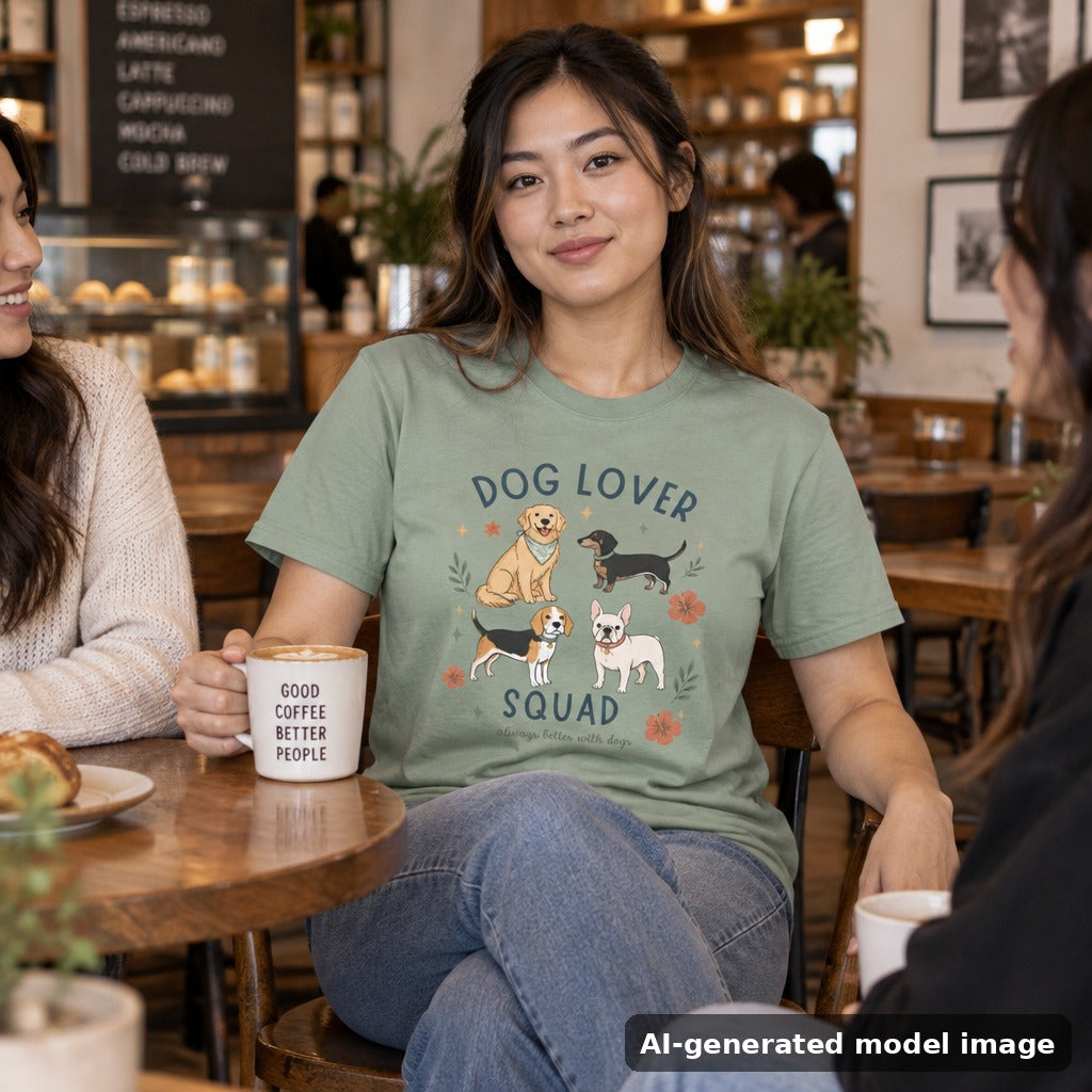 Cafe catch-up in the Sage Dog Lover Squad tee