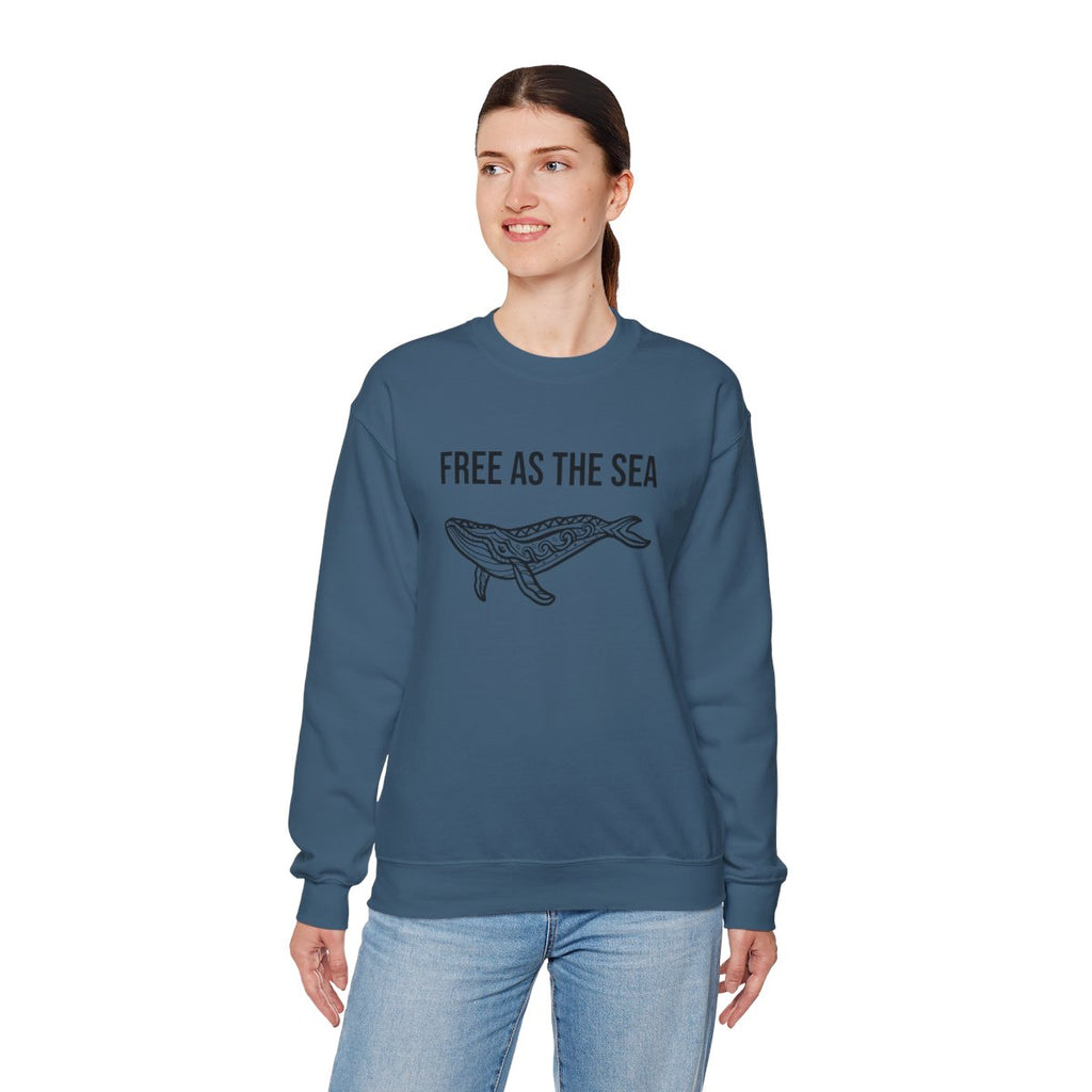 Free As The Sea whale sweatshirt in Indigo Blue - standing model
