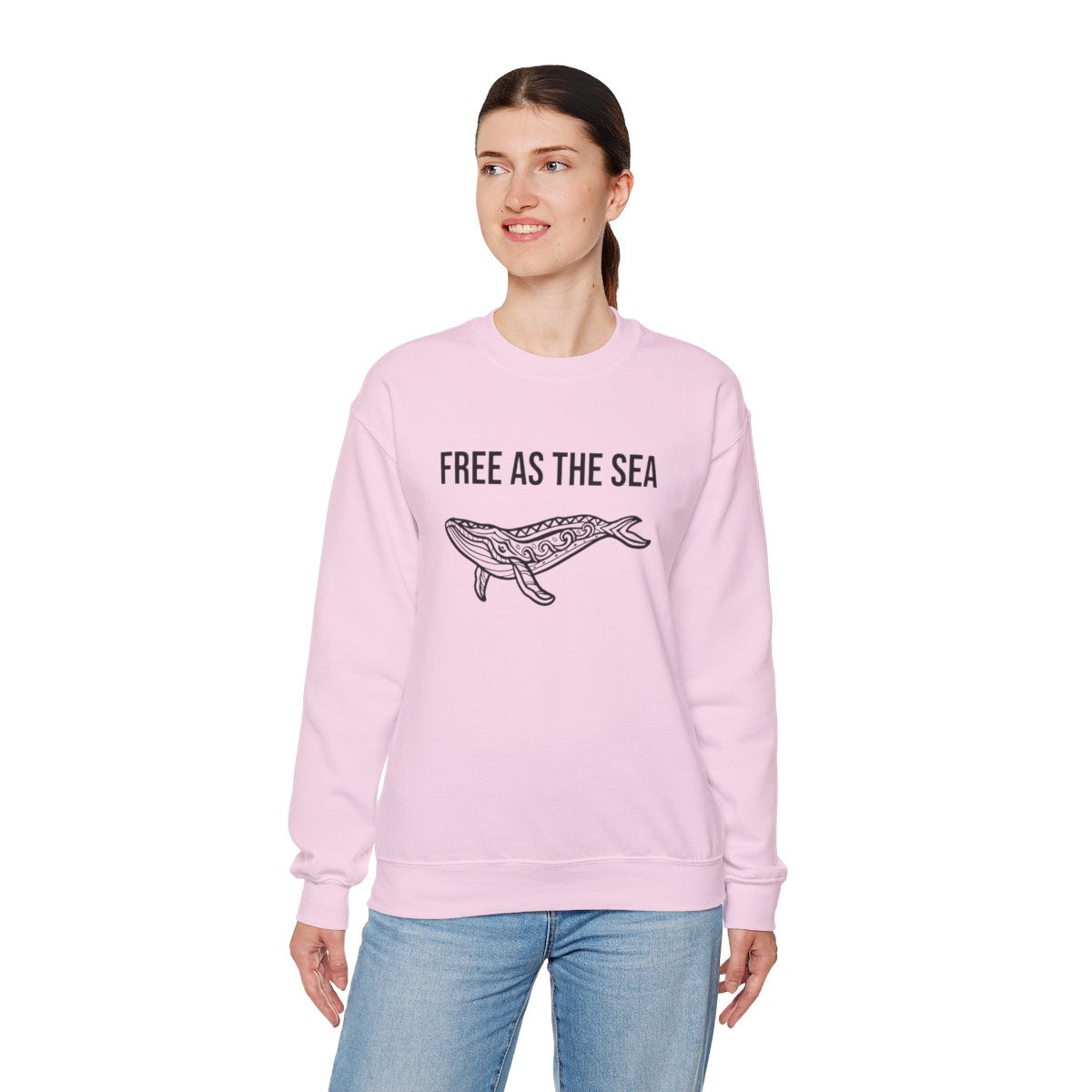 Free As The Sea whale sweatshirt in Light Pink - standing model