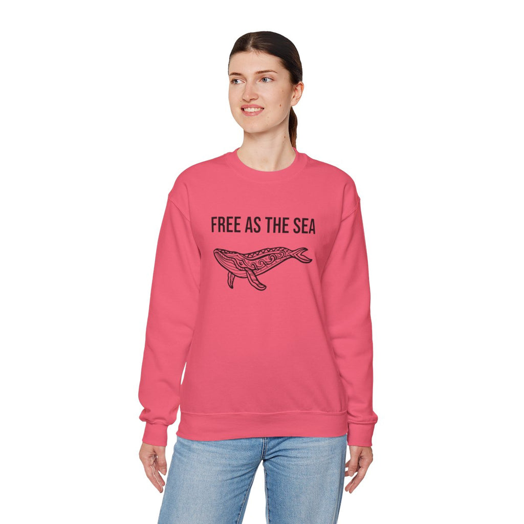Free As The Sea whale sweatshirt in Safety Pink - standing model