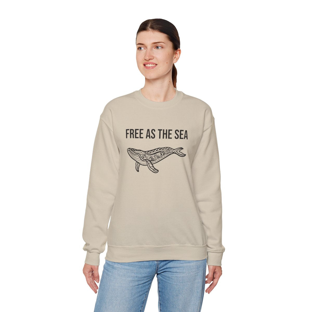 Free As The Sea whale sweatshirt in Sand - standing model