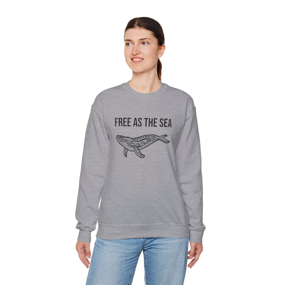 Free As The Sea whale sweatshirt in Sport Grey - standing model
