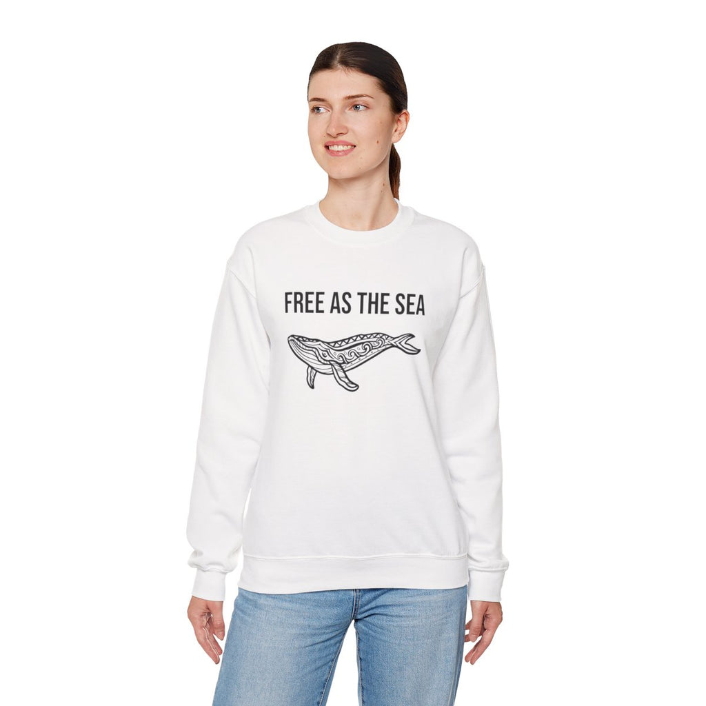 Free As The Sea whale sweatshirt in White - standing model