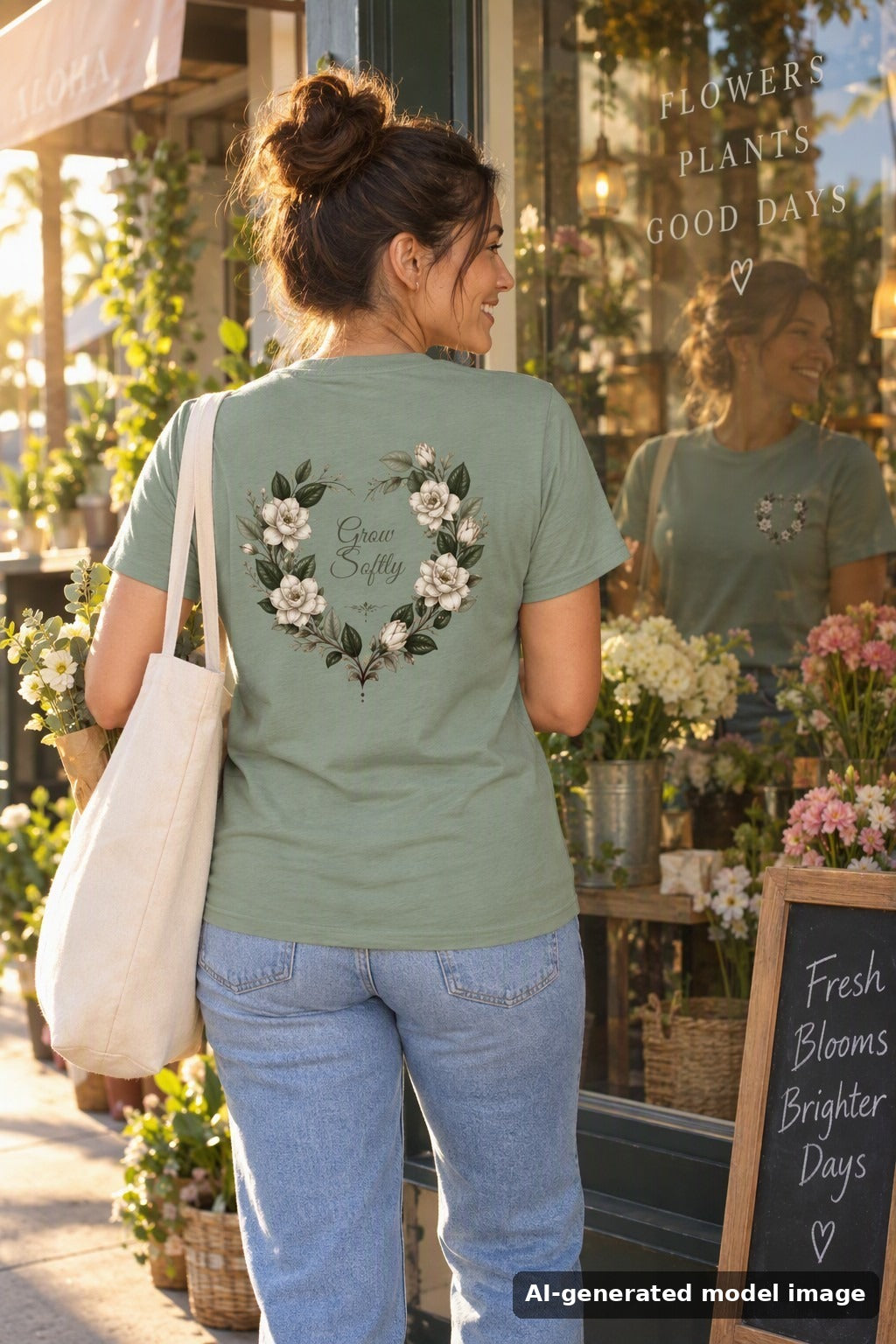 Gardenia Heart tee — back gardenia wreath outside a flower shop window