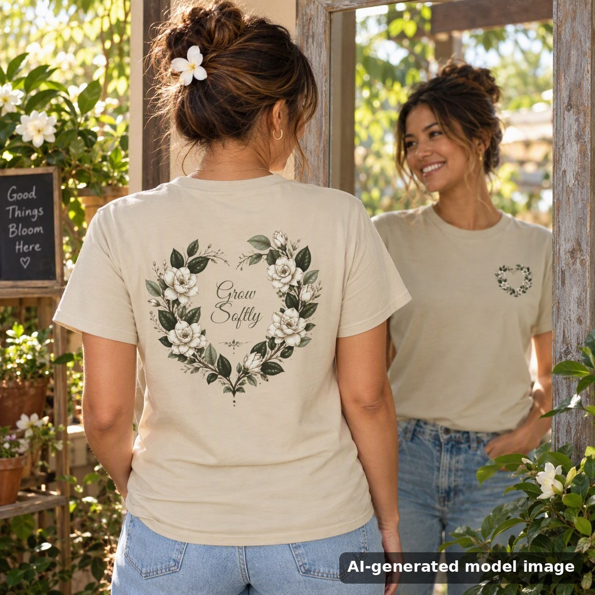 Gardenia Heart tee — back gardenia wreath with front reflected in a boutique mirror