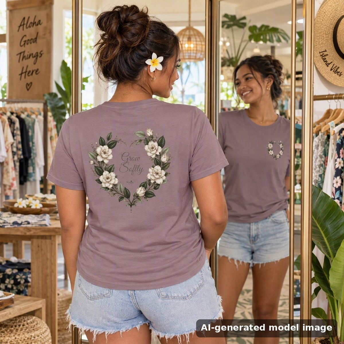 Gardenia Heart tee — back gardenia wreath with front reflected in a three-panel boutique mirror