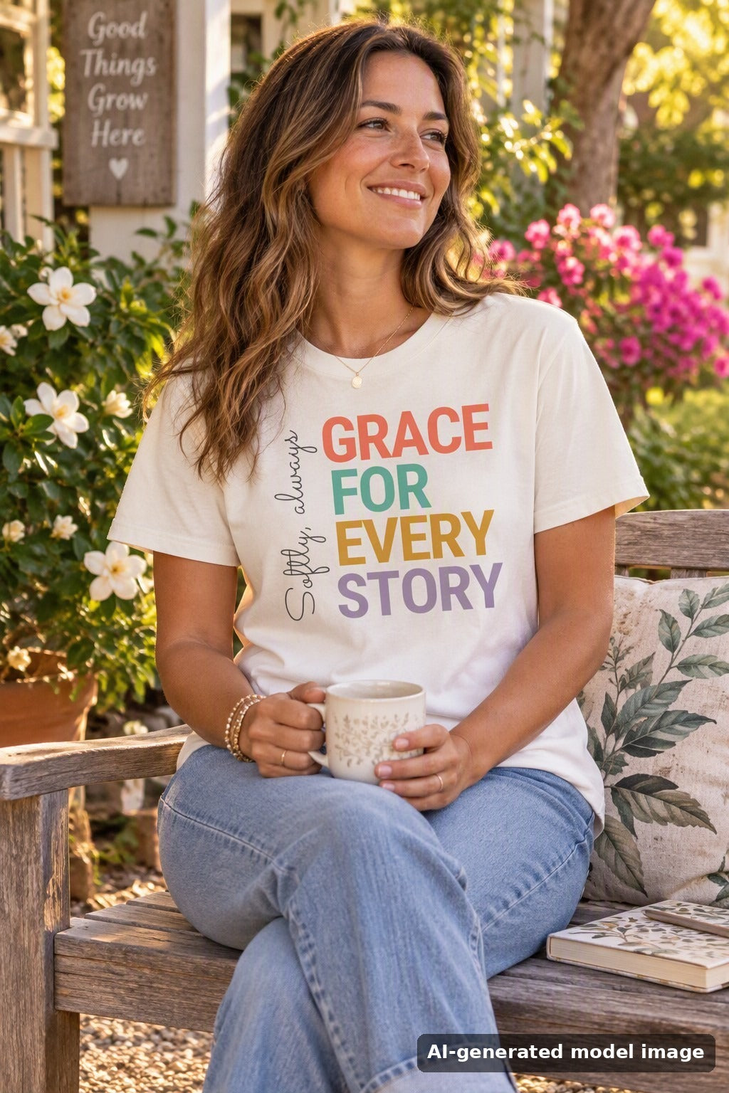 Grace For Every Story tee — woman with a mug on a garden bench