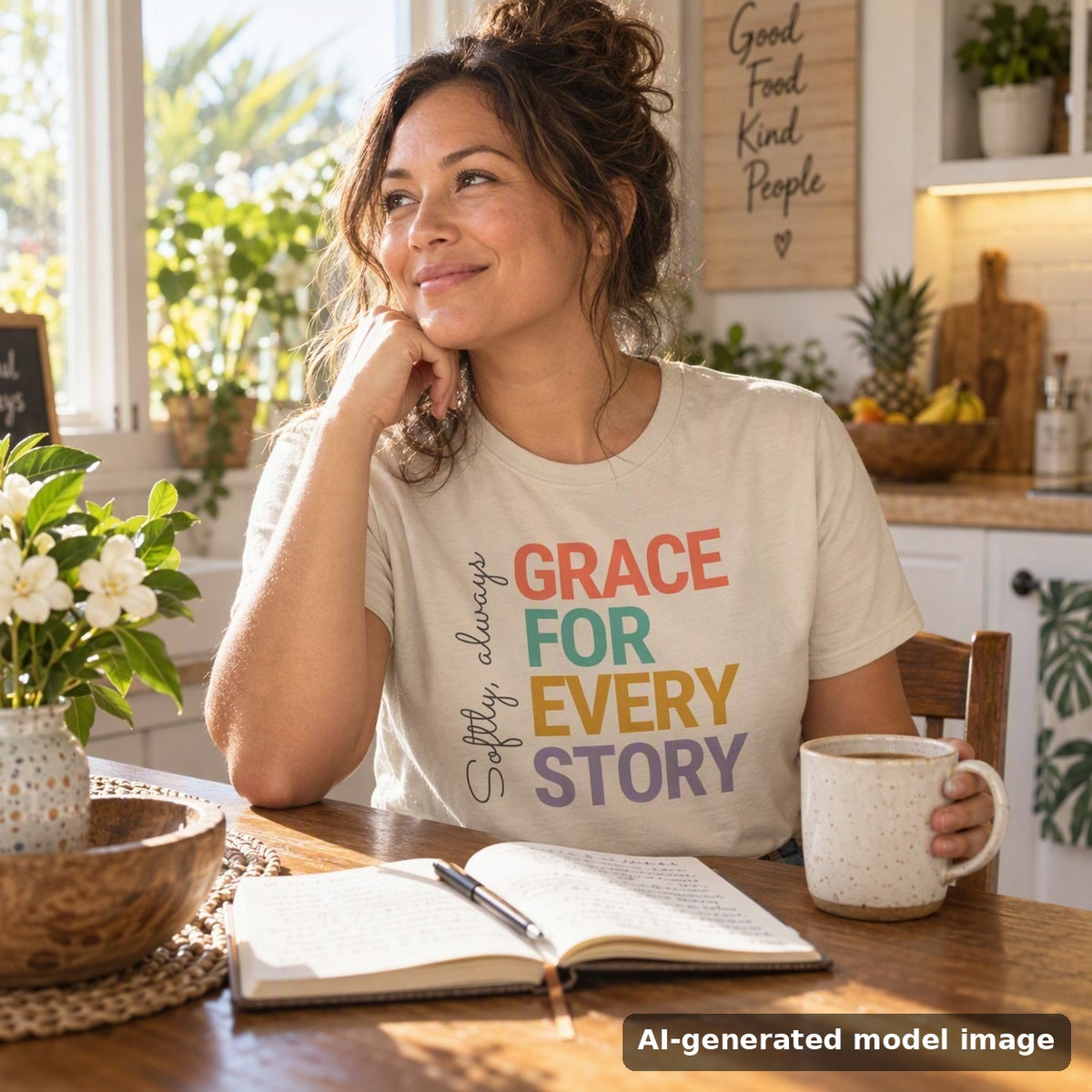 Grace For Every Story tee — woman journaling at a kitchen table