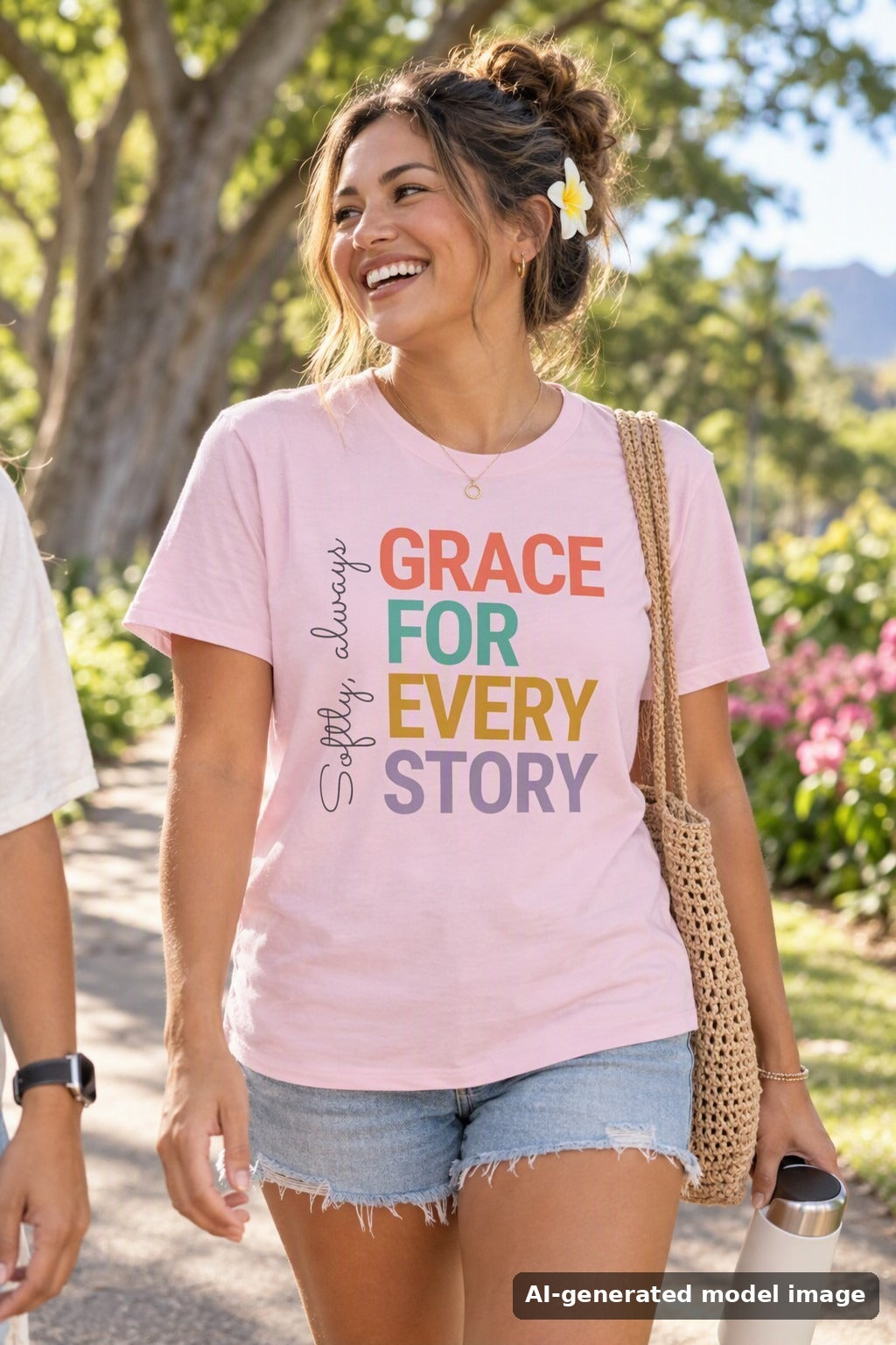 Grace For Every Story tee — woman walking a tree-lined park path