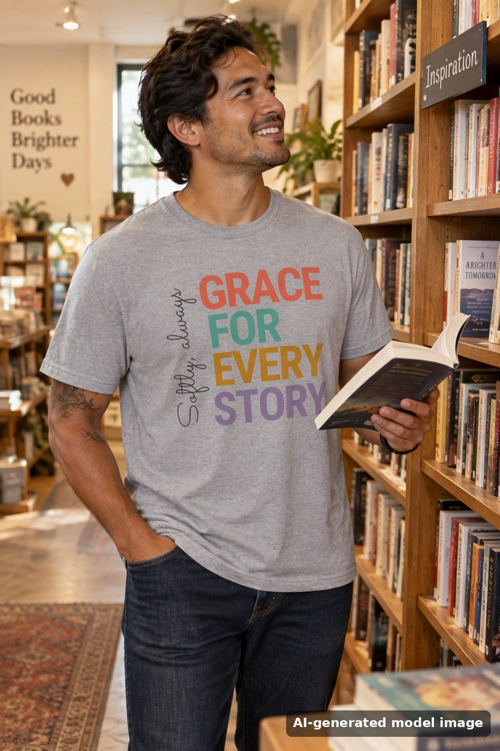 Grace For Every Story tee — man browsing shelves in a bookstore