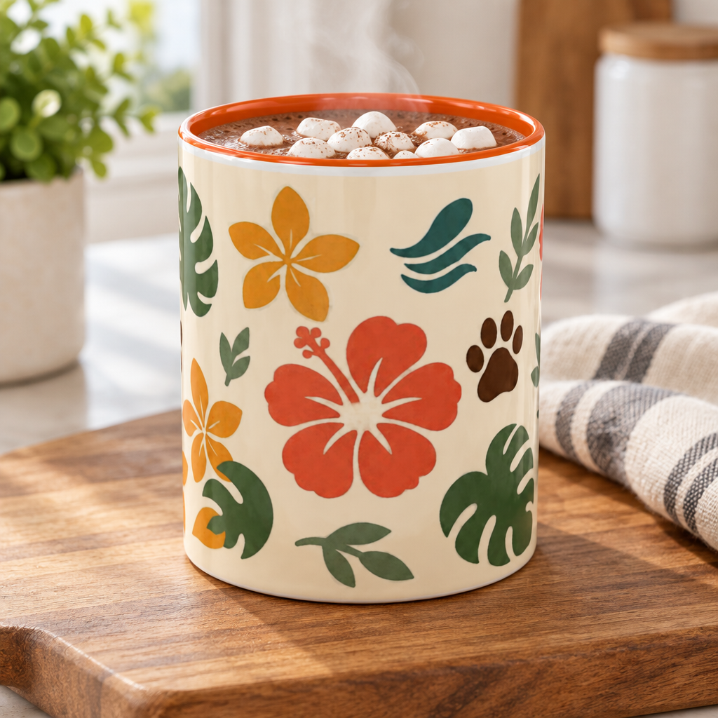 Hibiscus Paw mug with cocoa on a wooden board