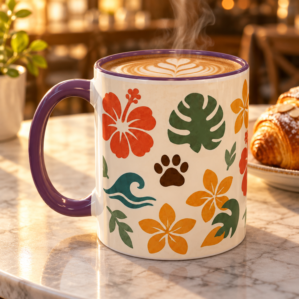 Hibiscus Paw mug with latte art at a cafe