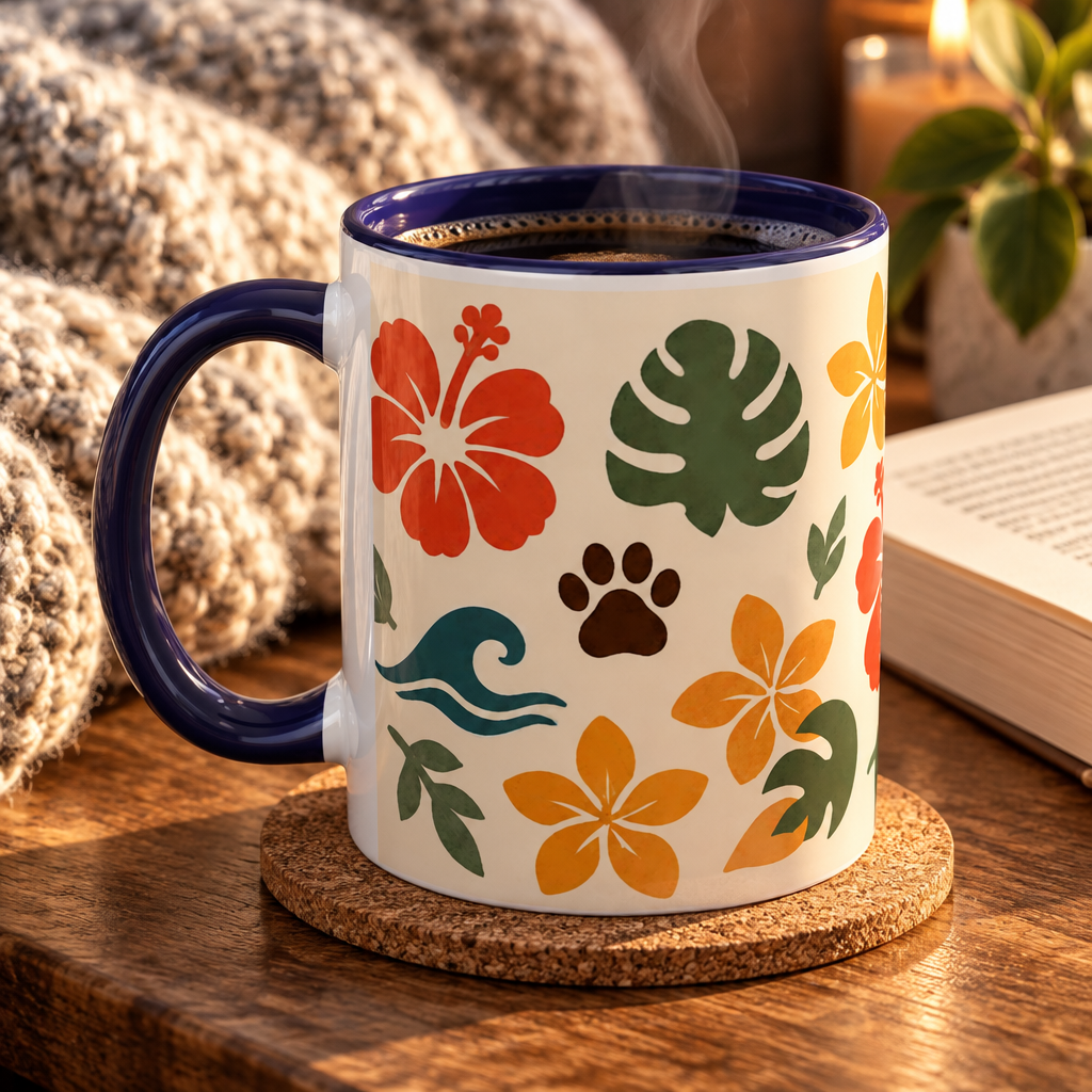 Hibiscus Paw mug on a coaster with a cozy knit blanket