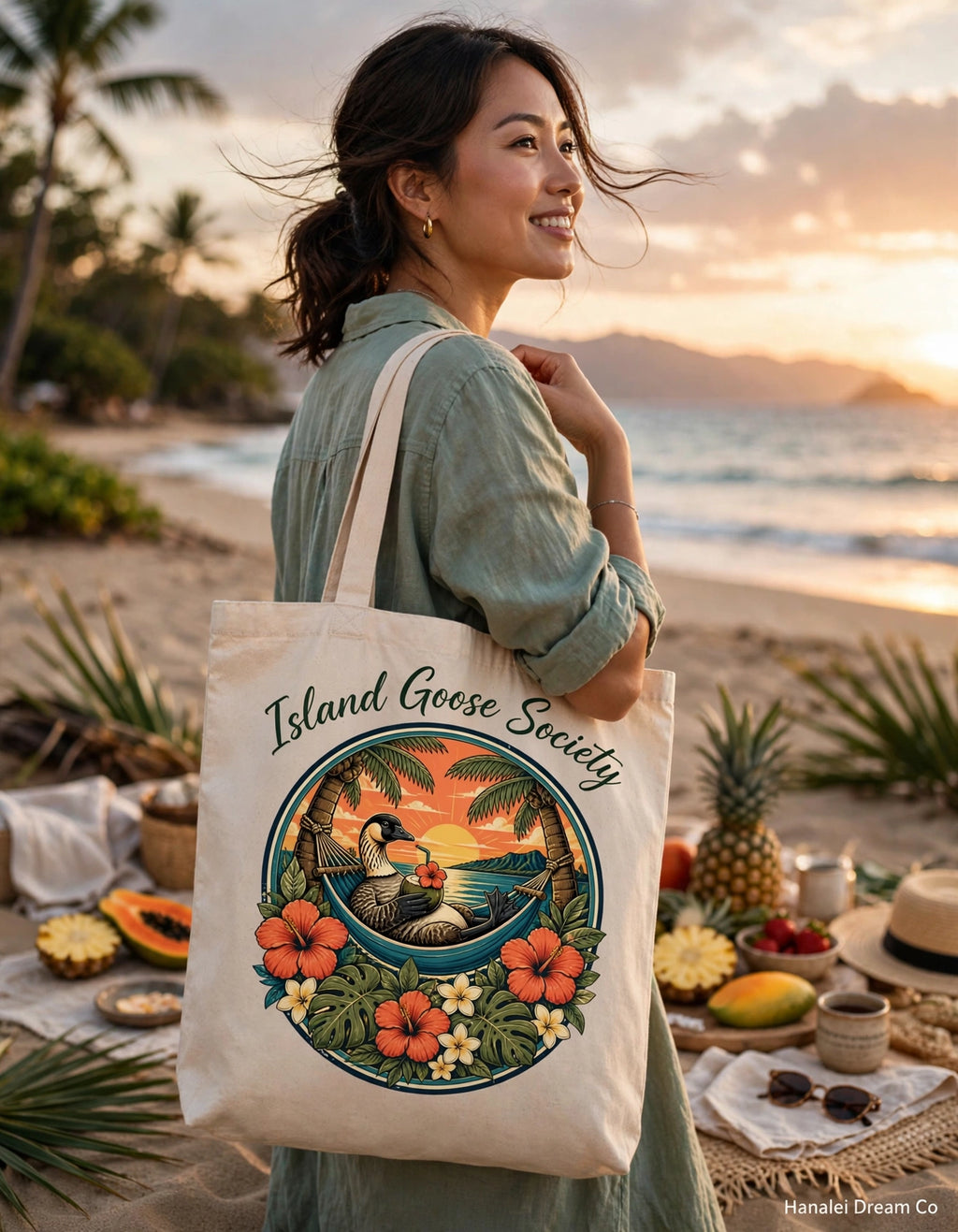 Island Nēnē Canvas Tote – Tropical Sunset Floral Design
