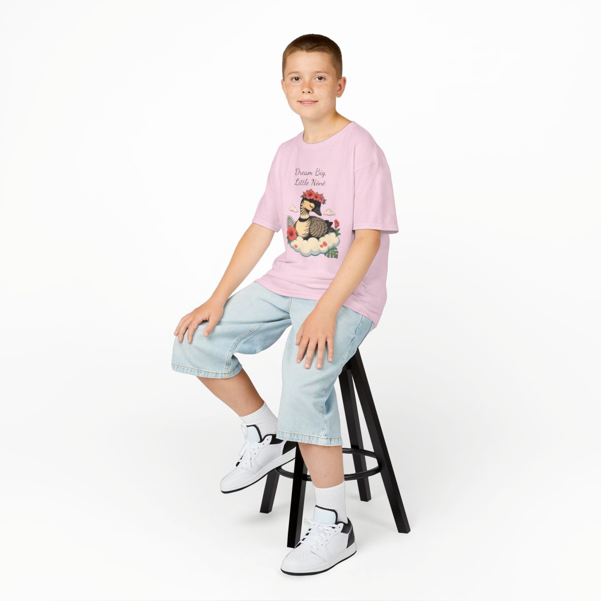 Dream Big Little Nēnē kids tee — Light Pink (studio model photo)