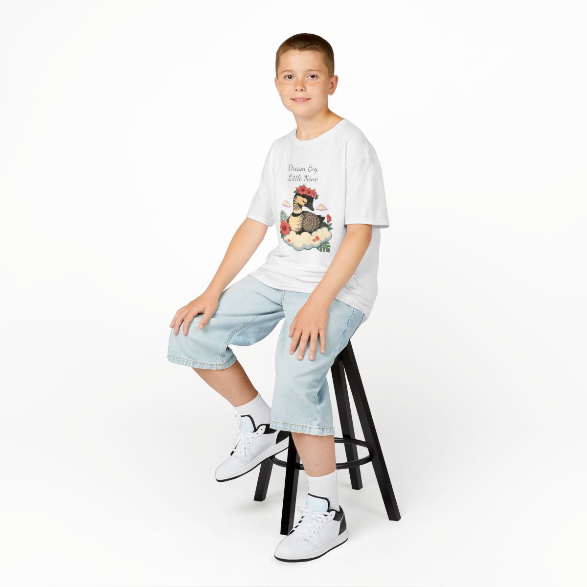 Dream Big Little Nēnē kids tee — White (studio model photo)