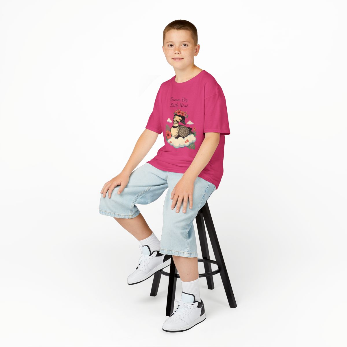 Dream Big Little Nēnē kids tee — Heliconia (studio model photo)